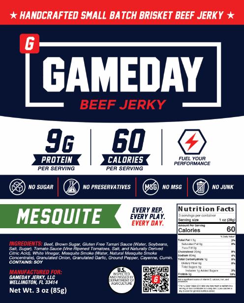 Mesquite Gameday Beef Jerky label with ingredients and nutrition facts
