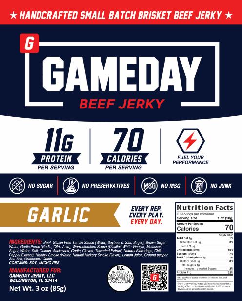 Garlic Gameday Beef Jerky label with ingredients and nutrition facts