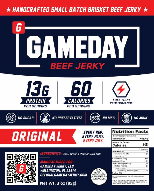 Original Gameday Beef Jerky label with ingredients and nutrition facts
