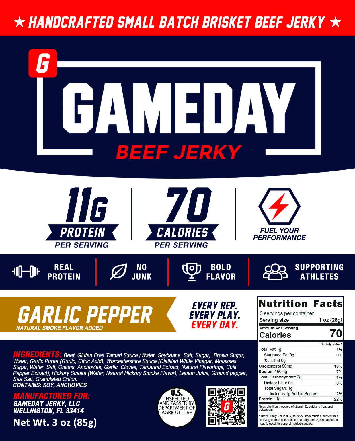 Garlic Pepper Gameday Beef Jerky label with ingredients and nutrition facts