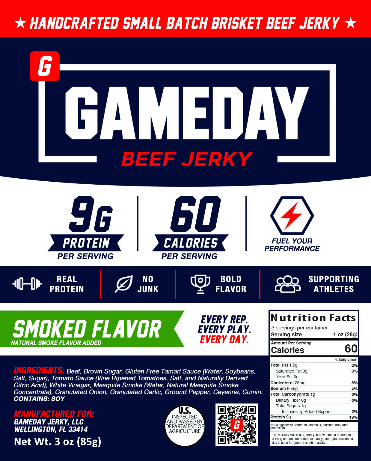 Smoked Flavor Gameday Beef Jerky label with ingredients and nutrition facts